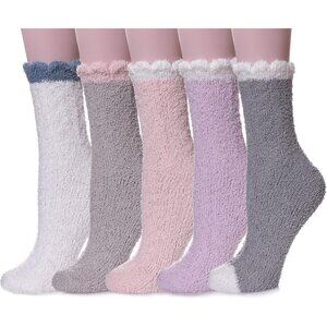 Women Fuzzy Socks Cozy Fluffy Warm Slipper Microfiber Soft Sleep Grey Pink